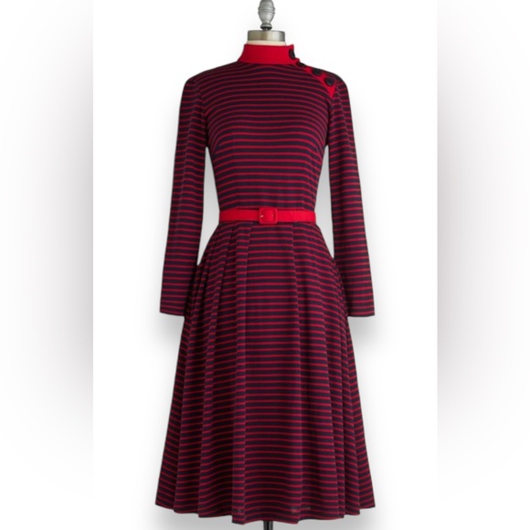 Bettie Page by Tatyana Kneelength Striped Mockneck Skater Swing Dress - Picture 7 of 7